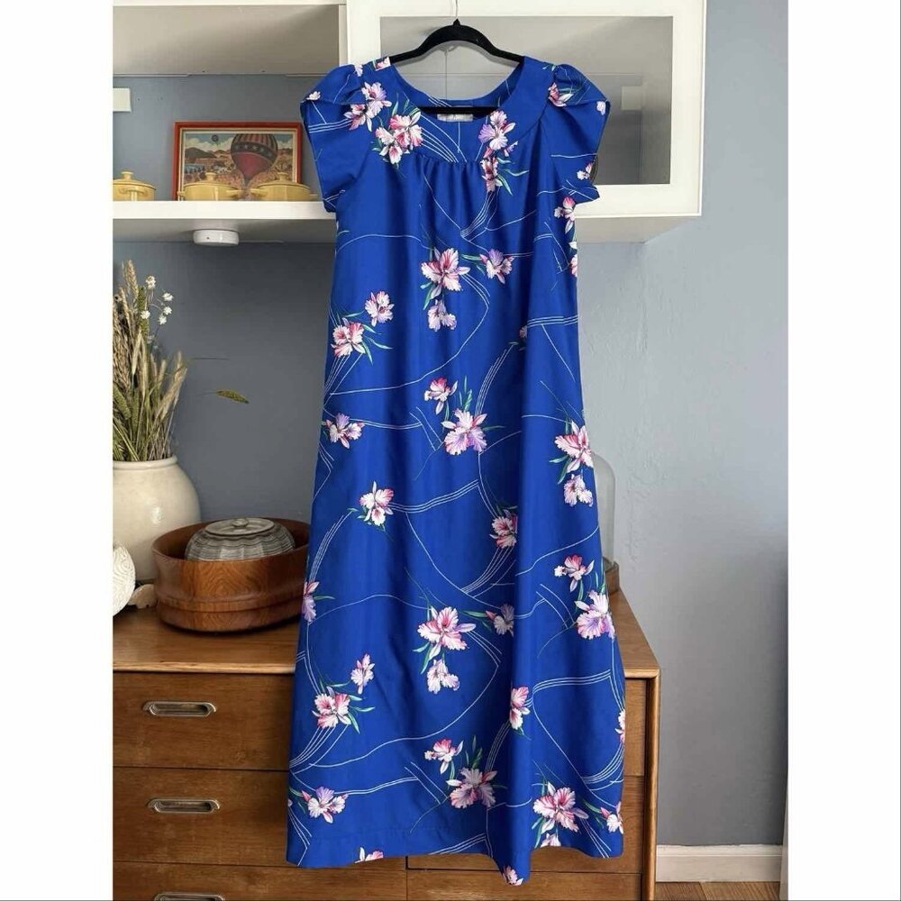 Vintage Hukilau Fashions Hawaiian Dress Size M/L Blue Floral Maxi Mumu
